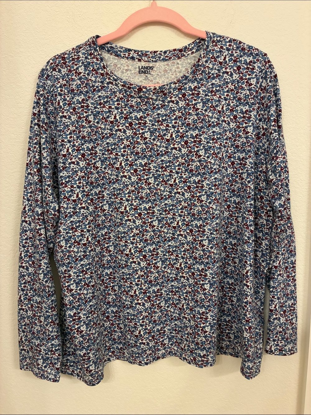 NWOT Lands’ End 1X Long‑Sleeve Tee | Ditsy Blue & Red Floral on White | Cotton